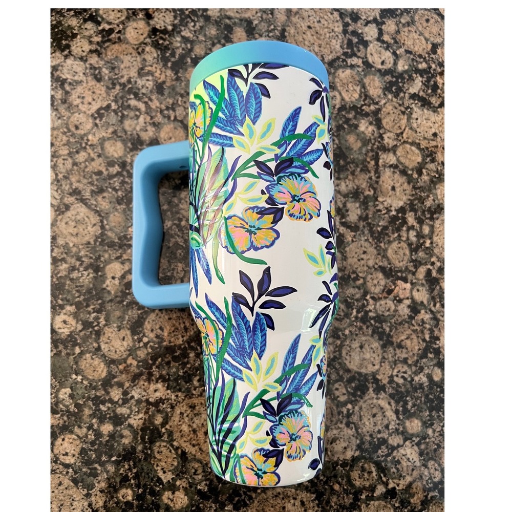 Lilly Pulitzer 40oz Stainless Steel Travel Tumbler Floral Tropical Blue Handle